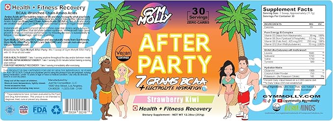 Gym Molly After Party Vegan BCAA Powder - Workout Drink Supplement for Fitness Recovery