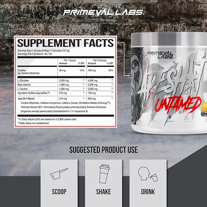 BOGO 2 for 1 Clearance Special same flavor Primeval Labs Apesht Untamed Pre Workout Energy Drink Powder | Max Support for Pumps & Focus | Nitric Oxide Production Preworkout Energy with L-Citrulline, Beta Alanine, 40 Servings